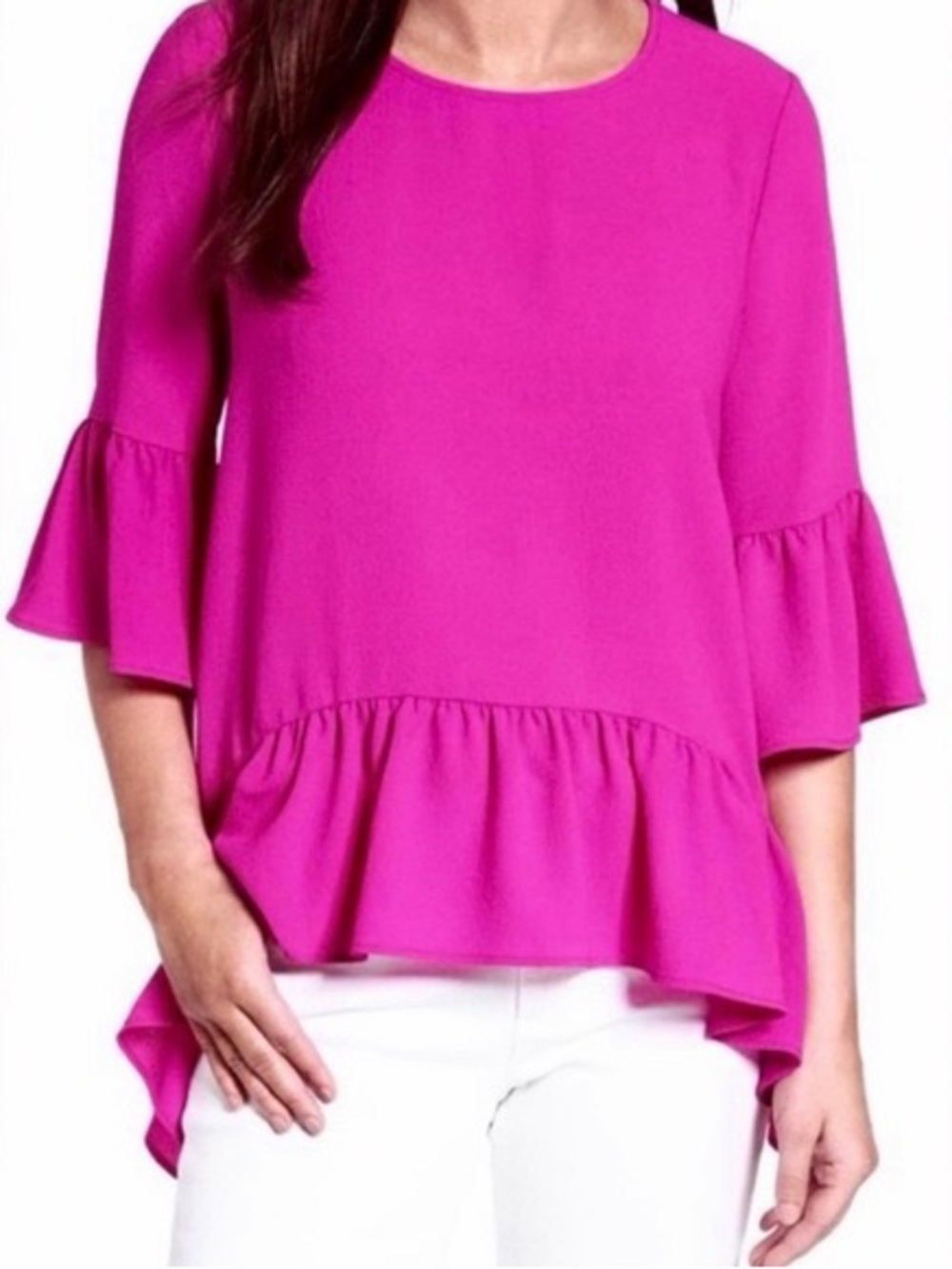 Gibson Women’s Ruffled Peplum Blouse - magenta. Size small